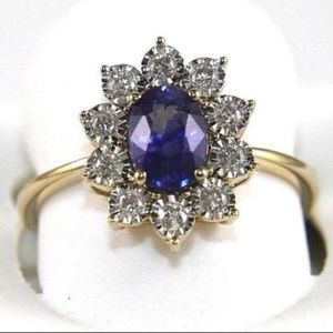 Blue Sapphire Ring w/Diamond Halo 14k YG 1.40Ct